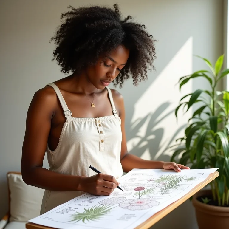 Mulher negra planejando jardim pequeno e moderno