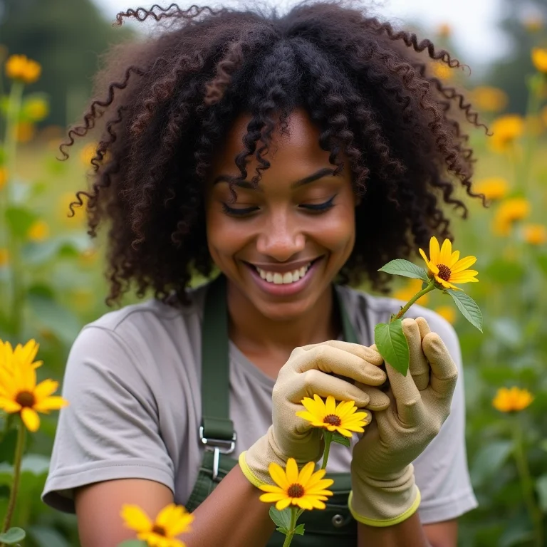 Mulher negra polinizando flores de kiwi em seu jardim.