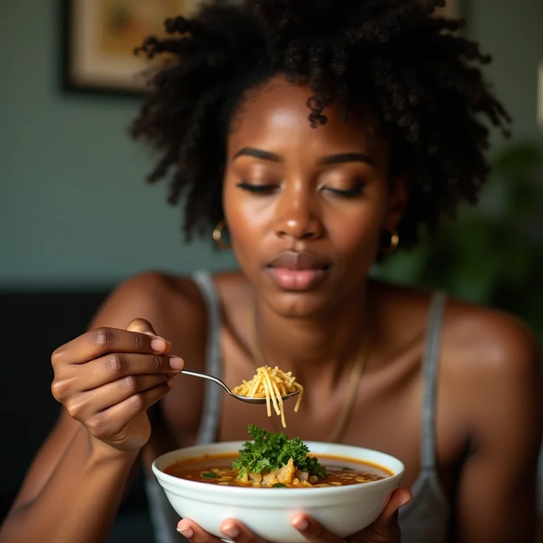 Mulher negra saboreando sopa de missô