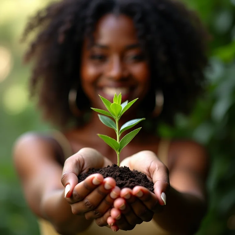 Mulher negra segurando muda de Nepeta.