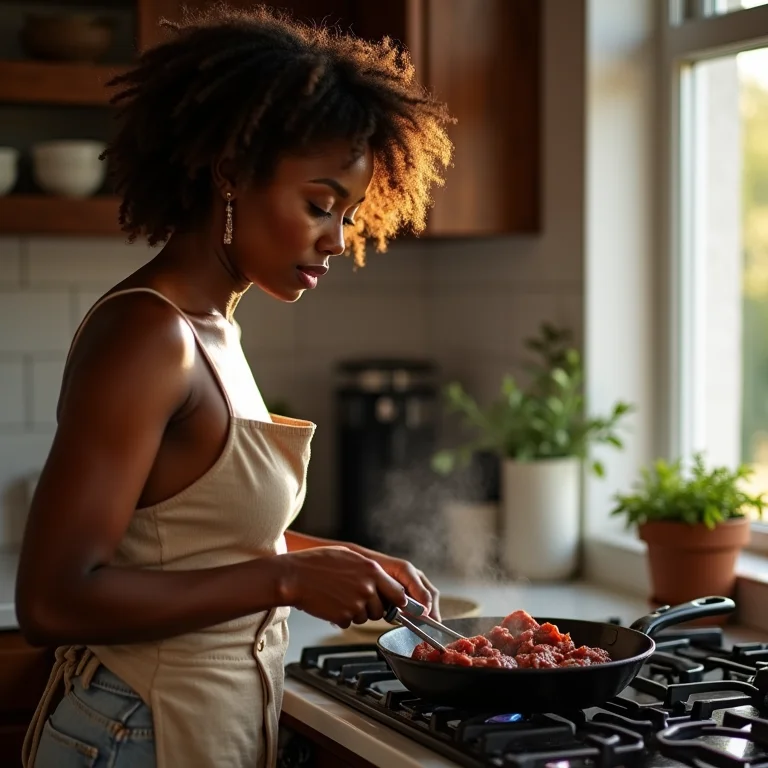 Mulher negra selando carne em panela de ferro com carinho.