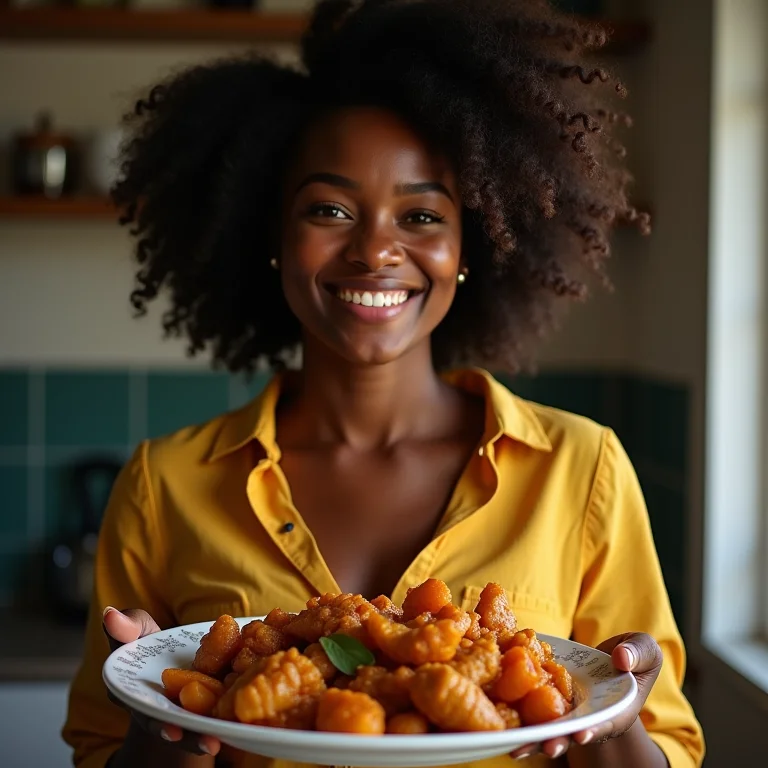 Mulher negra sorrindo com prato de jiló cozido