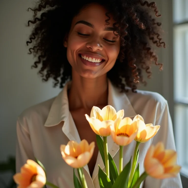 Mulher negra sorrindo enquanto admira suas flores prensadas