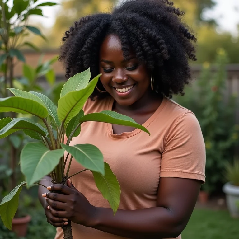 Mulher negra sorrindo enquanto cuida de um pequeno ingazeiro em seu quintal.