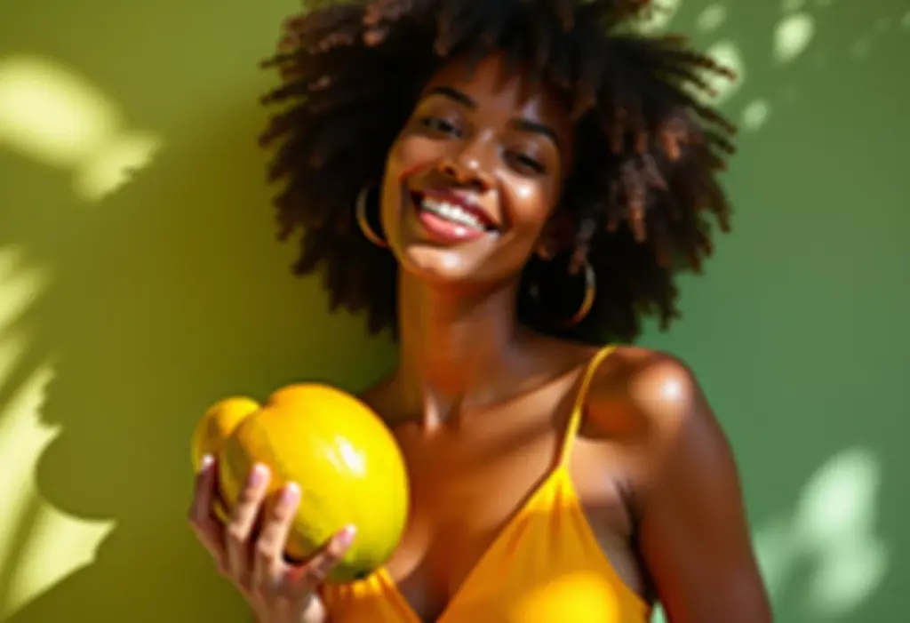 Mulher negra sorrindo segurando pitangas frescas