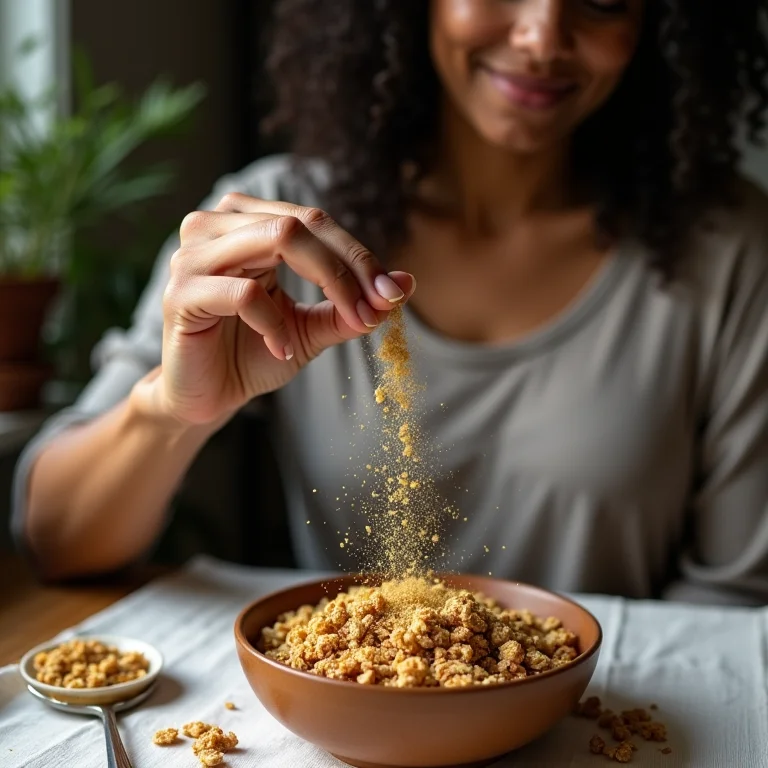 Mulher negra temperando granola caseira com pólen de funcho