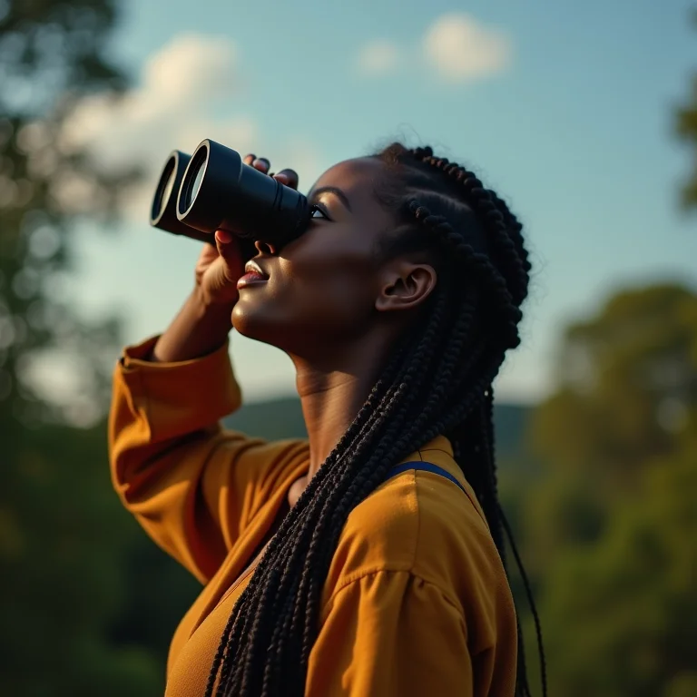 Mulher observando aves no parque.