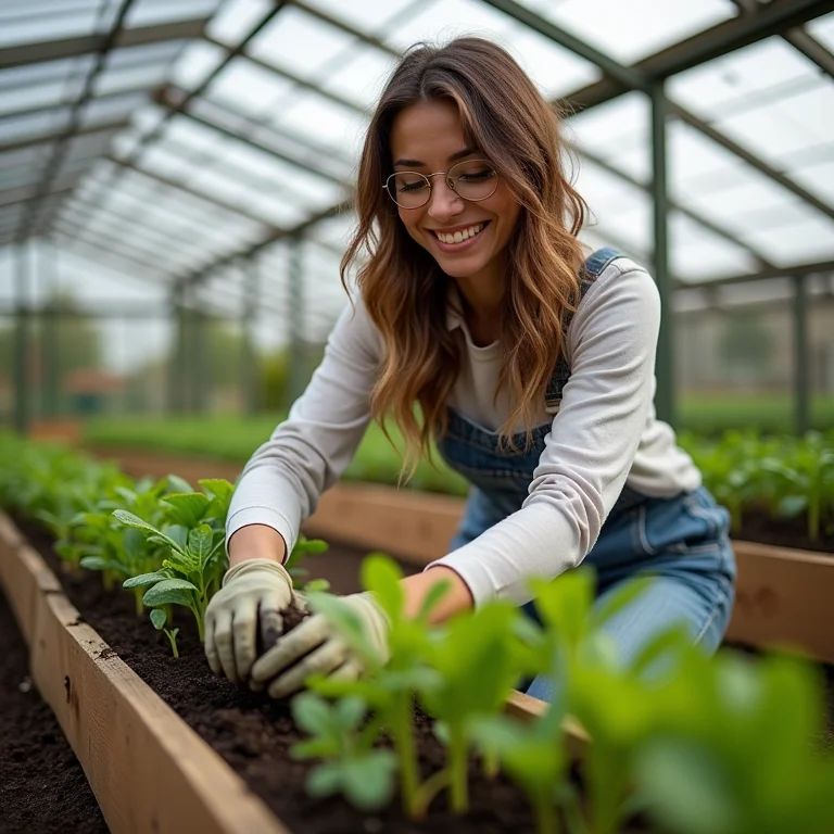 Mulher plantando jiló em horta elevada