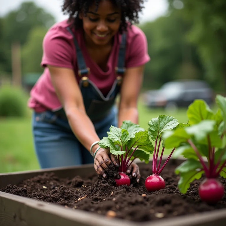 Mulher plantando mudas de beterraba em canteiro elevado.