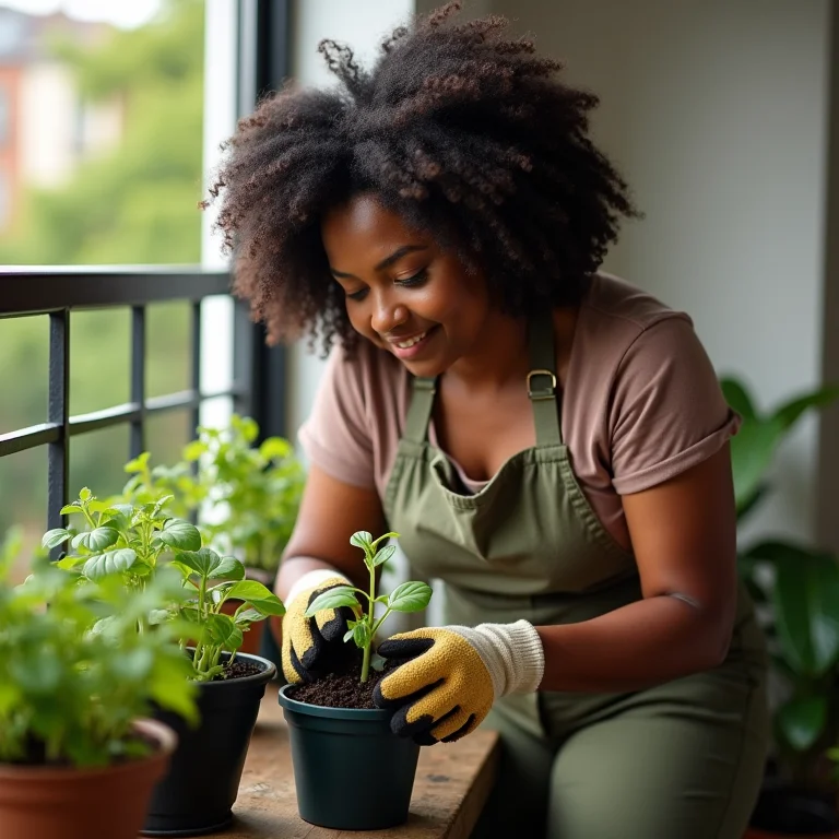 Mulher plantando mudas em um vaso preparado em uma varanda.