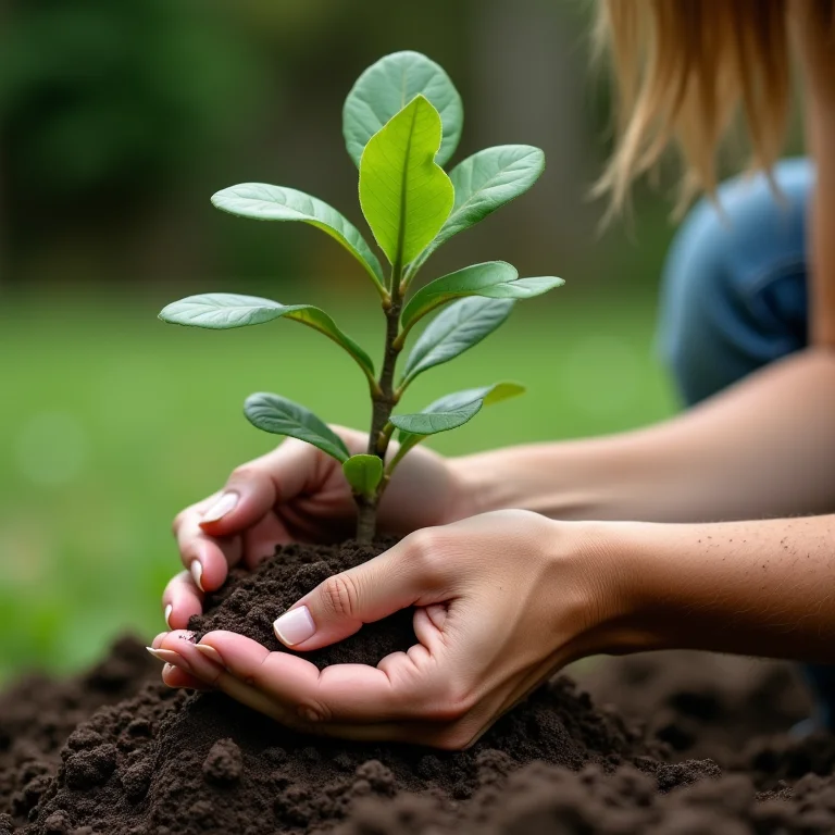 Mulher plantando uma muda de árvore colunar.