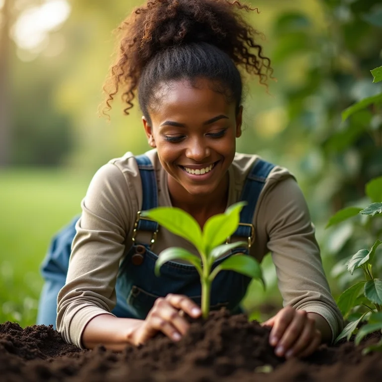 Mulher plantando uma planta de cobertura no jardim.