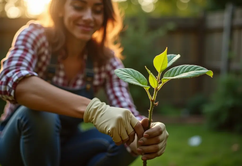 Mulher podando árvore jovem com cuidado.