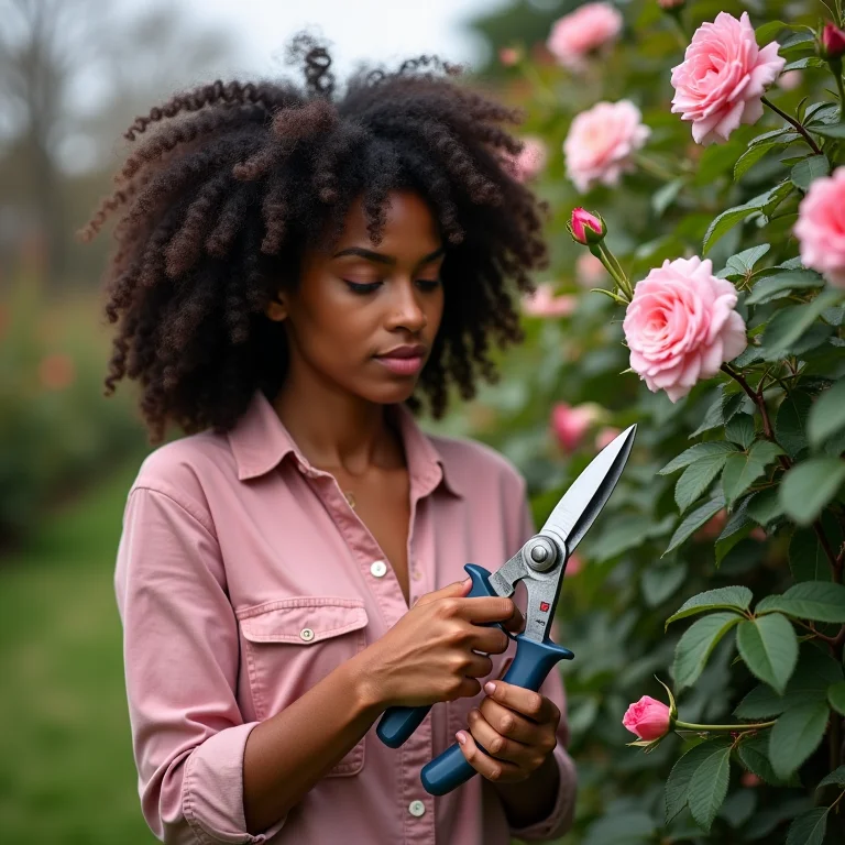 Mulher podando uma roseira seguindo o passo a passo da poda de limpeza