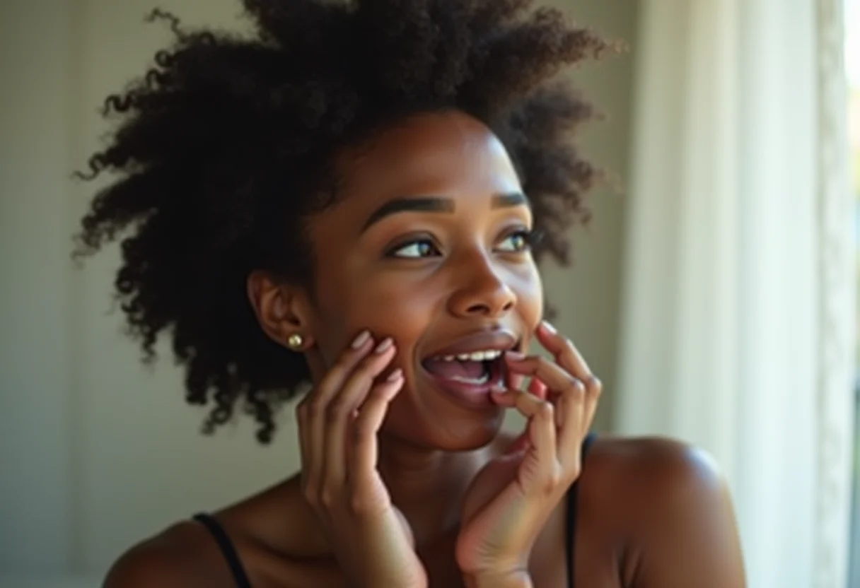 Mulher preocupada tocando os dentes, expressando receio sobre o uso de bicarbonato.