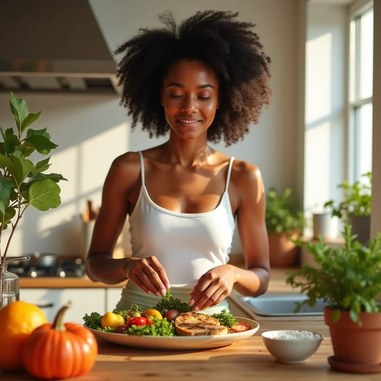 Mulher preparando refeição saudável com ingredientes antioxidantes