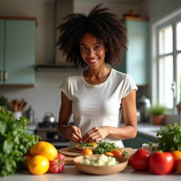 Mulher preparando refeição saudável na cozinha