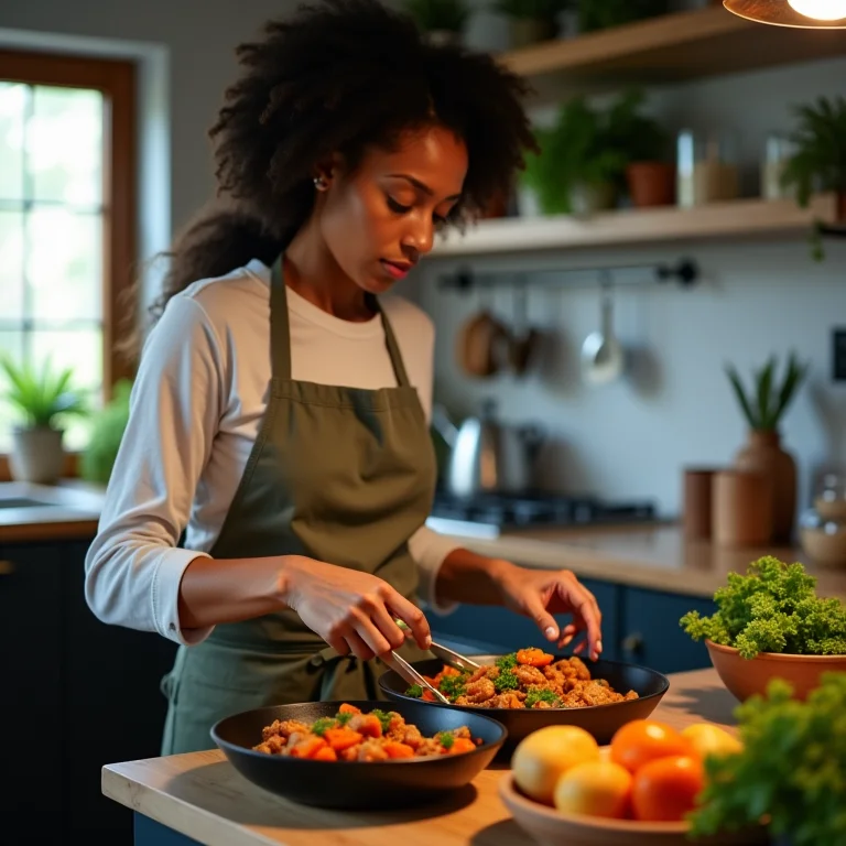 Mulher preparando um refogado de seitan com legumes.