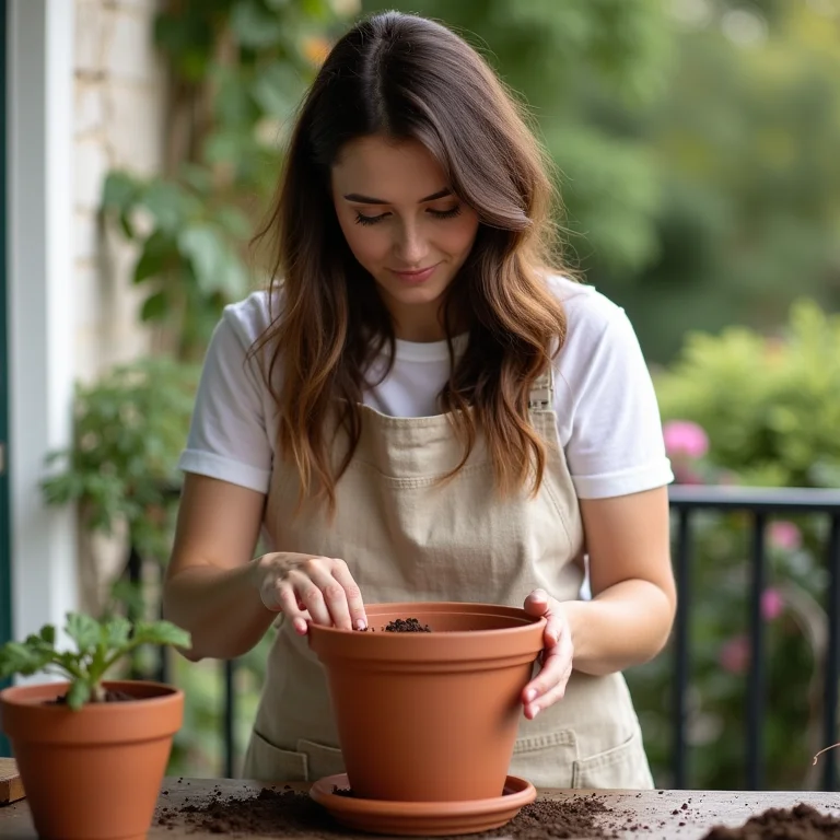 Mulher preparando um vaso de terracota com sistema de drenagem e adicionando terra.
