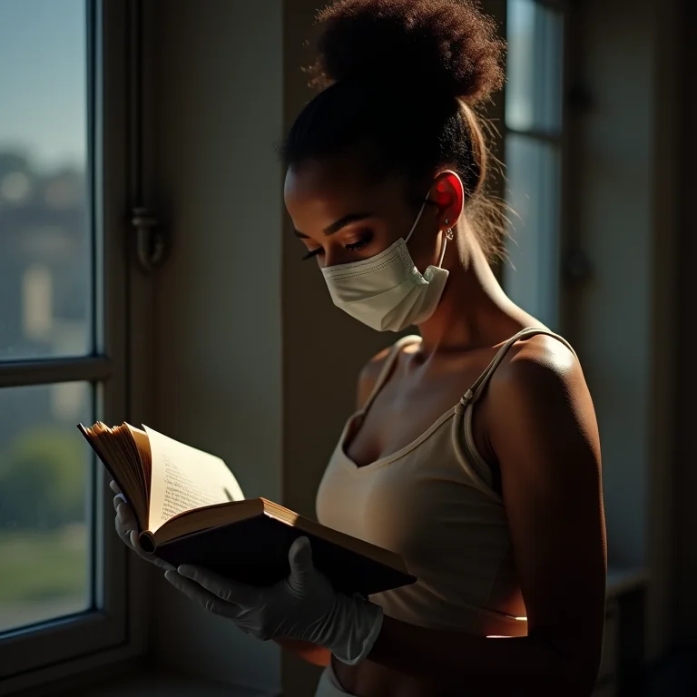 Mulher protegida manuseando livro com mofo.