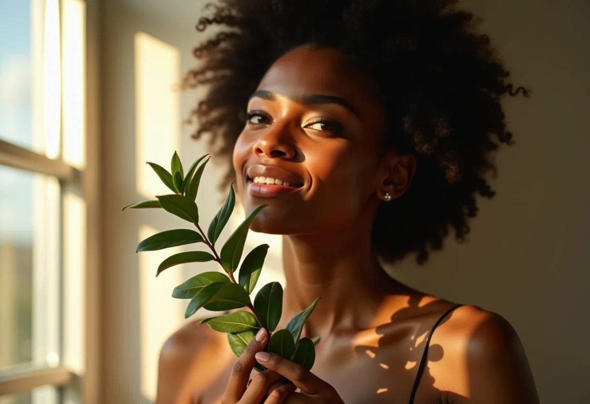 Mulher radiante segurando sálvia fresca