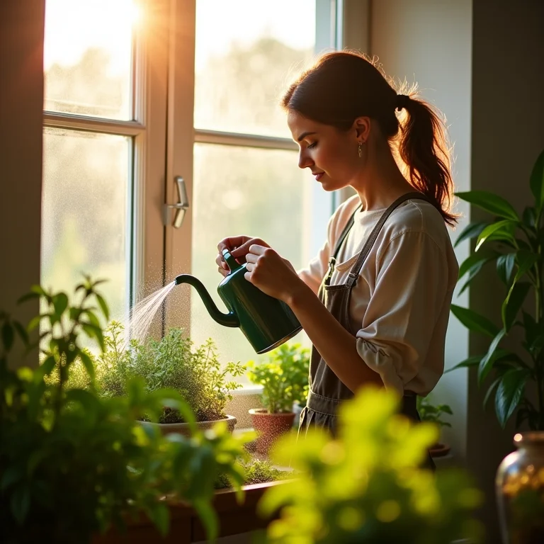 Mulher regando sua horta de ervas dentro de casa, incentivando o aprendizado contínuo.