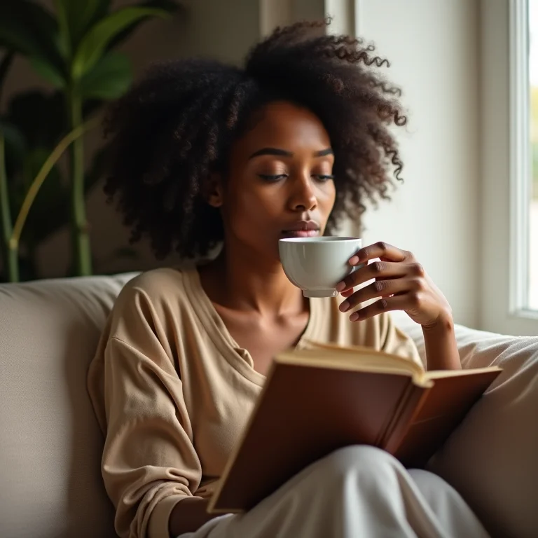 Mulher relaxando com chá e livro