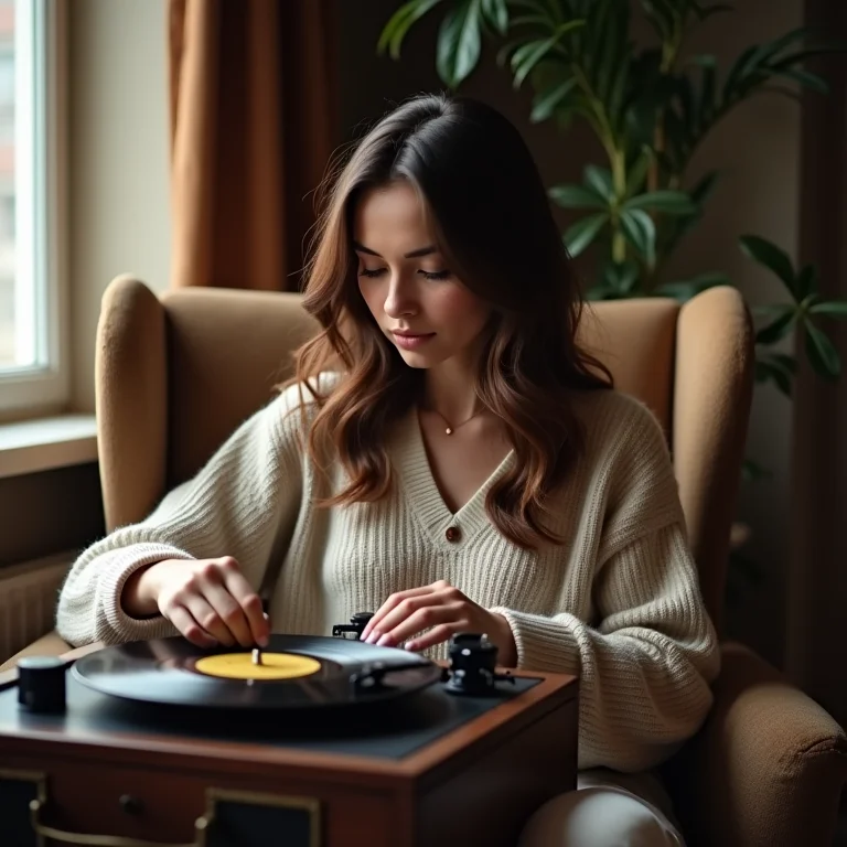 Mulher relaxando e ouvindo música suave.