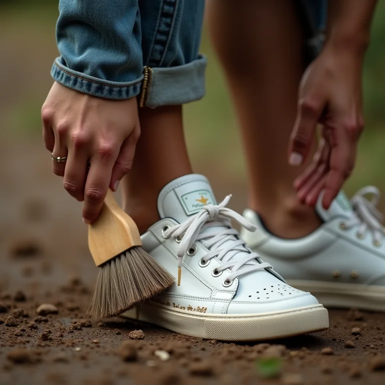 Mulher removendo o excesso de lama seca de um tênis branco com uma escova