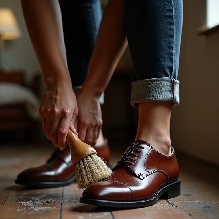 Mulher removendo poeira de sapato com escova