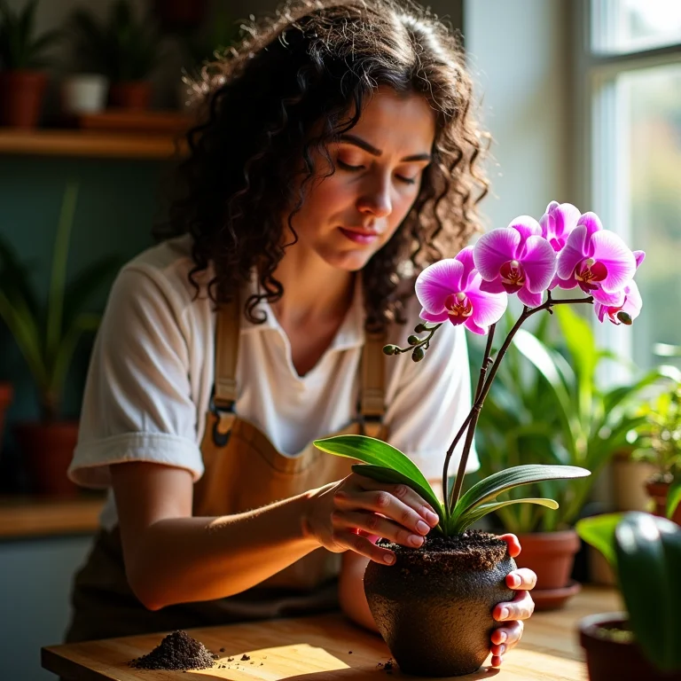 Mulher replantando orquídea com substrato misto