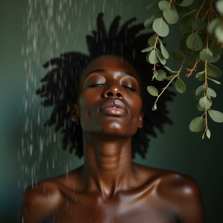 Mulher respirando profundamente com eucalipto no chuveiro