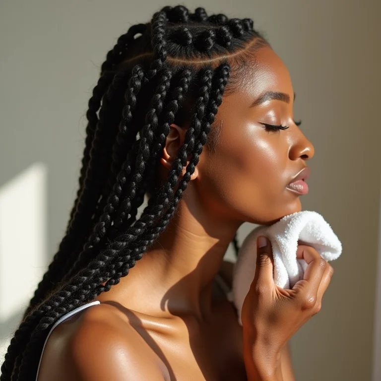 Mulher secando as box braids com uma toalha de microfibra.
