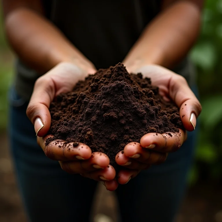 Mulher segurando húmus de minhoca, o ouro negro da compostagem
