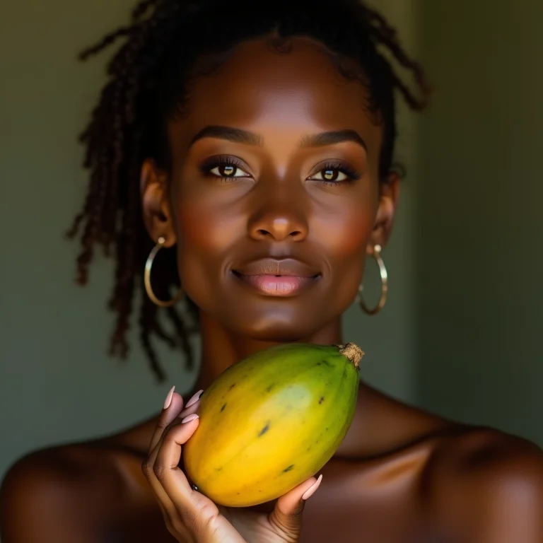 Mulher segurando pitanga com expressão serena