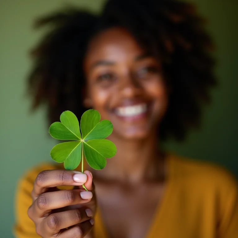 Mulher segurando um trevo de quatro folhas, símbolo de sorte