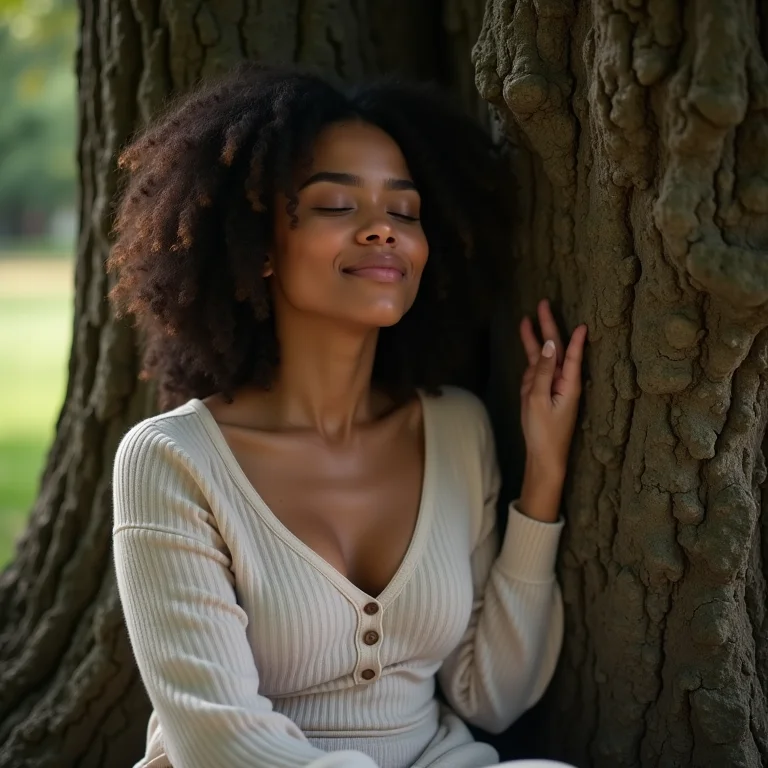 Mulher sentada em paz sob uma árvore, conectando-se com a natureza.