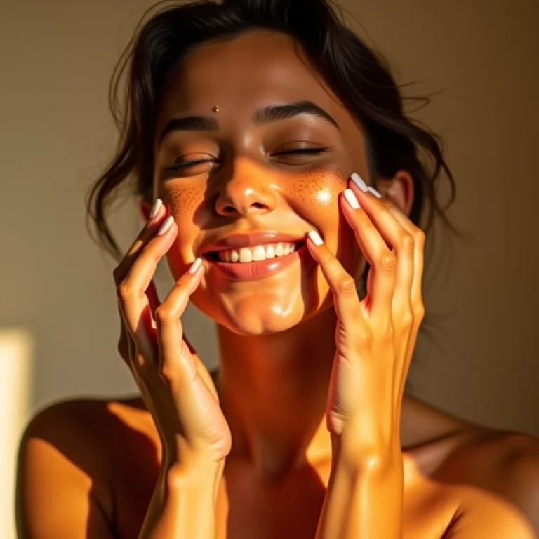Mulher sorrindo aplicando produto de skincare com pitanga