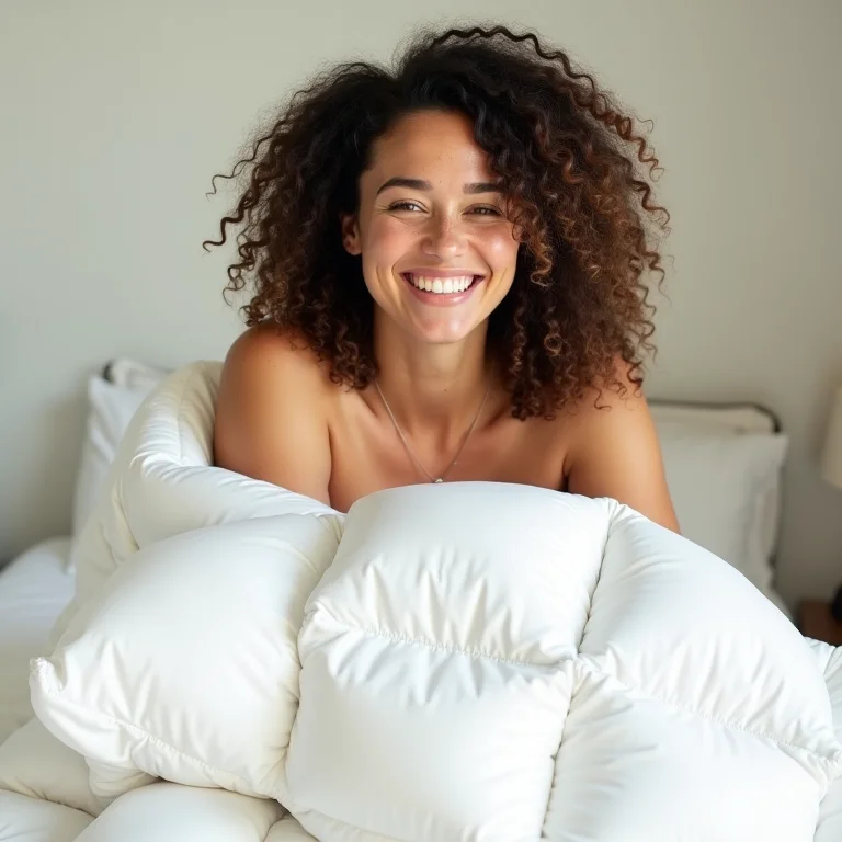 Mulher sorrindo com edredom de penas de ganso lavado