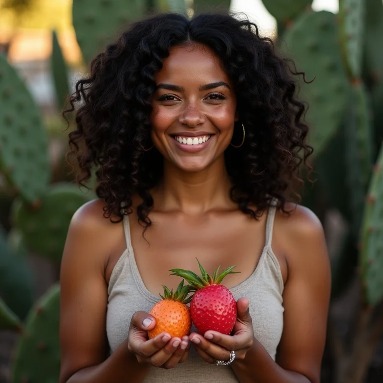 Mulher sorrindo com figos da índia recém colhidos.