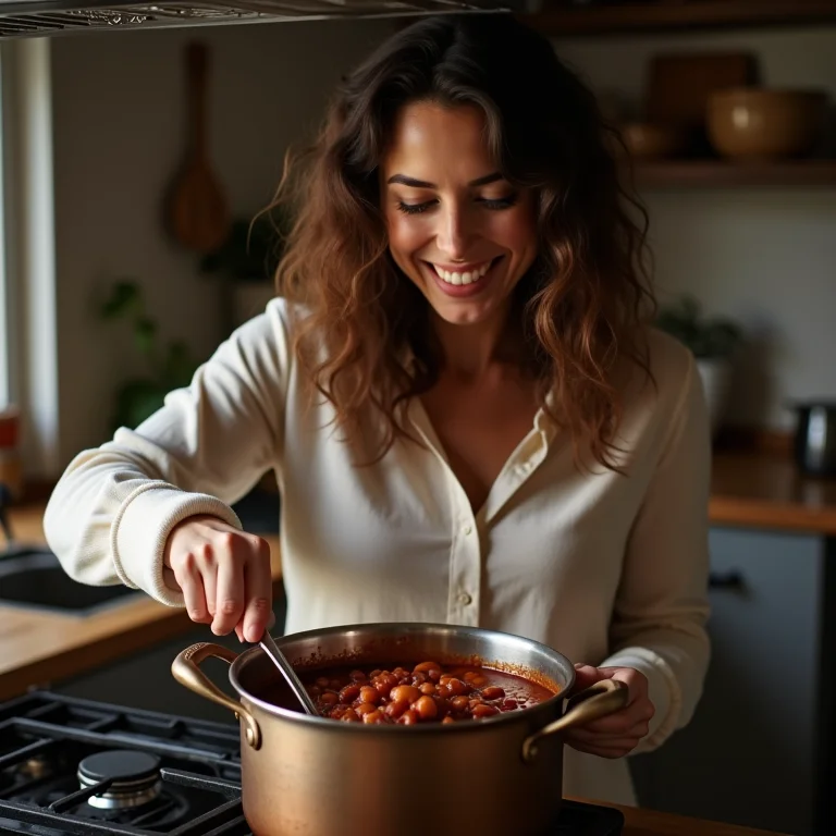 Mulher sorrindo enquanto cozinha chilli no fogão.