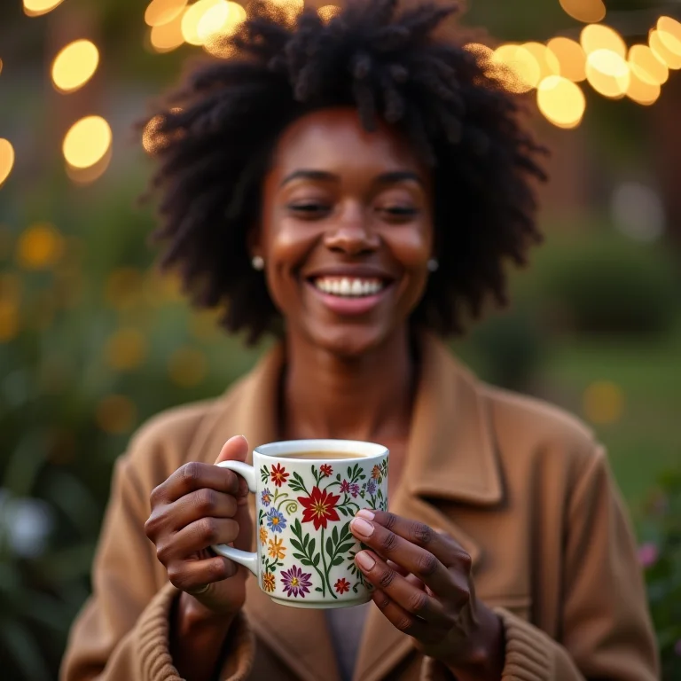 Mulher sorrindo segurando caneca decorada com quentão em festa no jardim