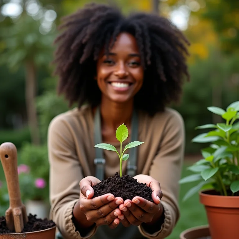 Mulher sorrindo segurando muda de planta, representando o aprendizado online de jardinagem.