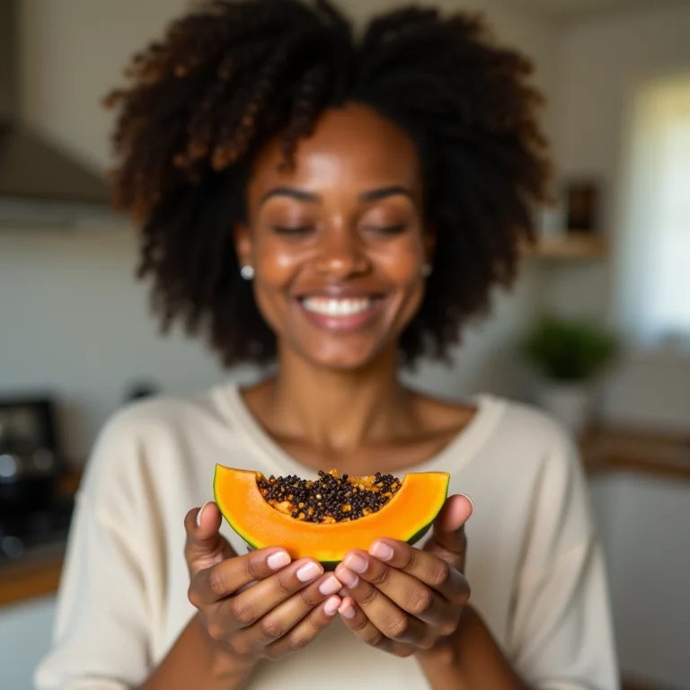 Mulher sorrindo segurando um pedaço de mamão.