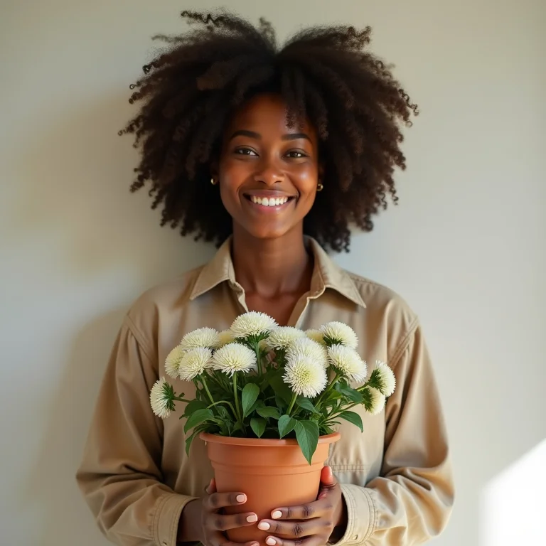 Mulher sorrindo segurando vaso de cravinas