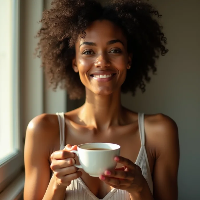 Mulher sorrindo segurando xícara de chá