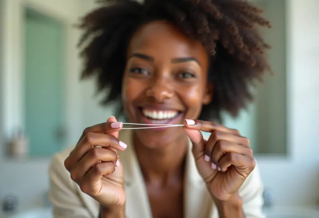 Mulher sorrindo usando fio dental com mãos bem cuidadas
