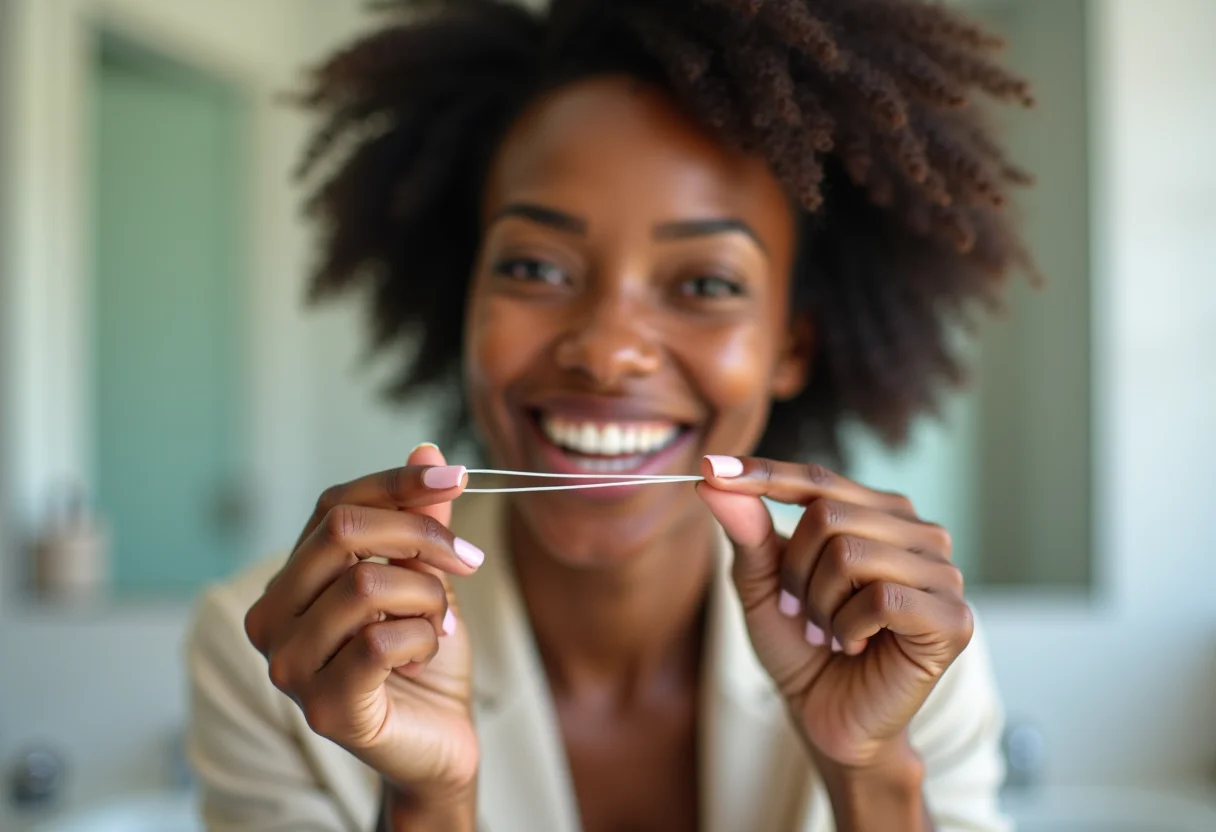 Mulher sorrindo usando fio dental com mãos bem cuidadas