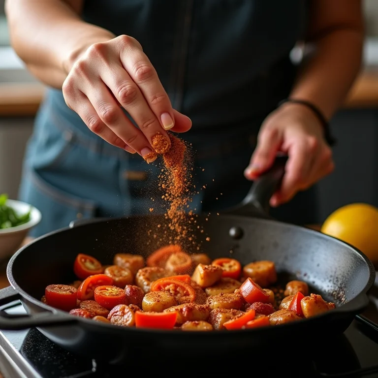 Mulher temperando fajitas com pimenta em pó.