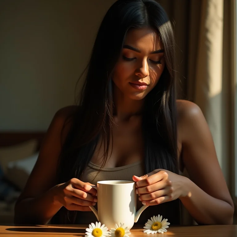 Mulher tomando chá de camomila para acalmar
